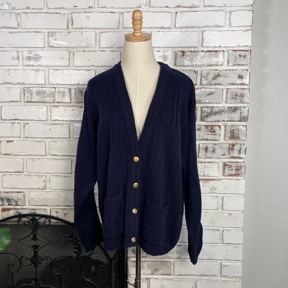 80s Carriage Court Navy Blue & Gold V-neck Button Down Preppy Sweater L - Picture 4 of 11